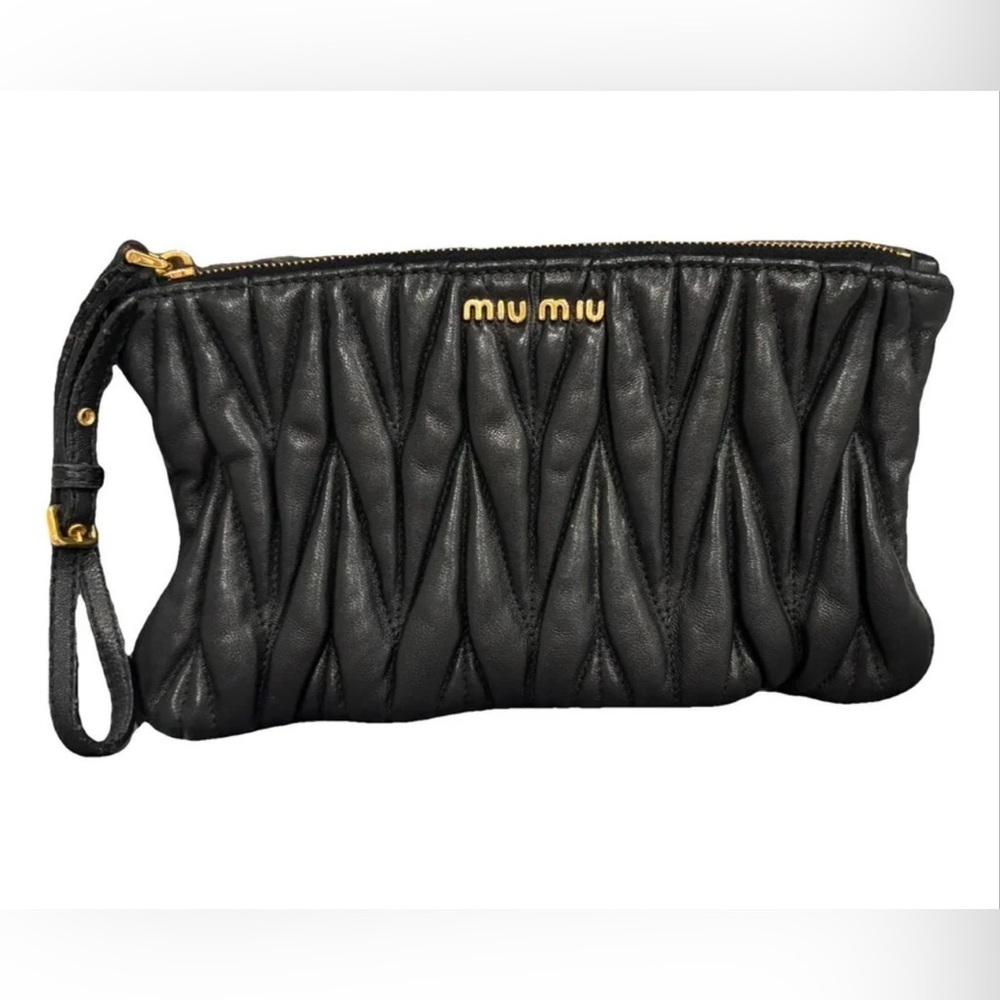 Miu Miu Matelasse Black Ruched Leather Wristlet with Gold Logo
